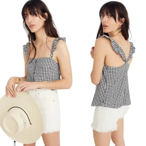 ❤️ MADEWELL Ruffle-Strap Cami Top in Gingham Check - Size 12 - Picture 1 of 4